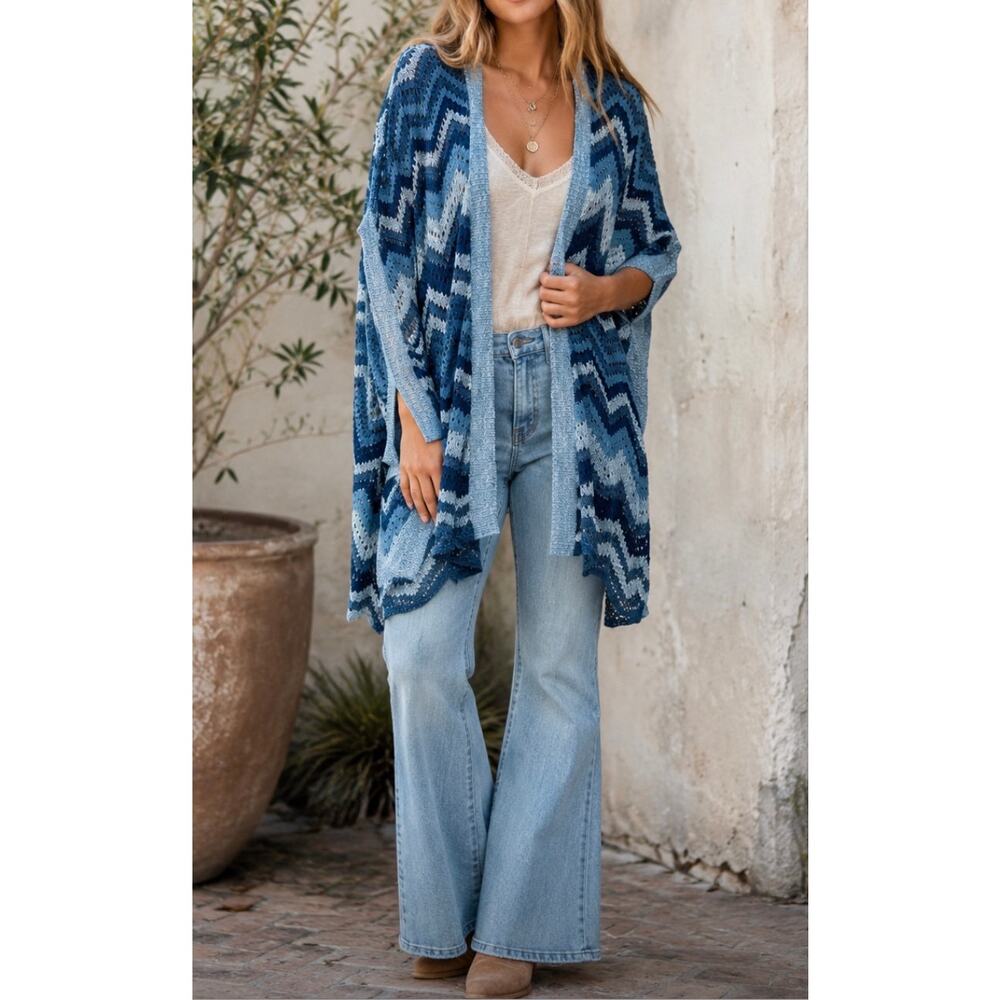 RXB Crochet Open Front Kimono Cardigan Blue Chevron Boho Lightweight Layer S